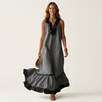 Mayline | Ruffle-Neck Contrast-Trim Sleeveless Maxi Dress