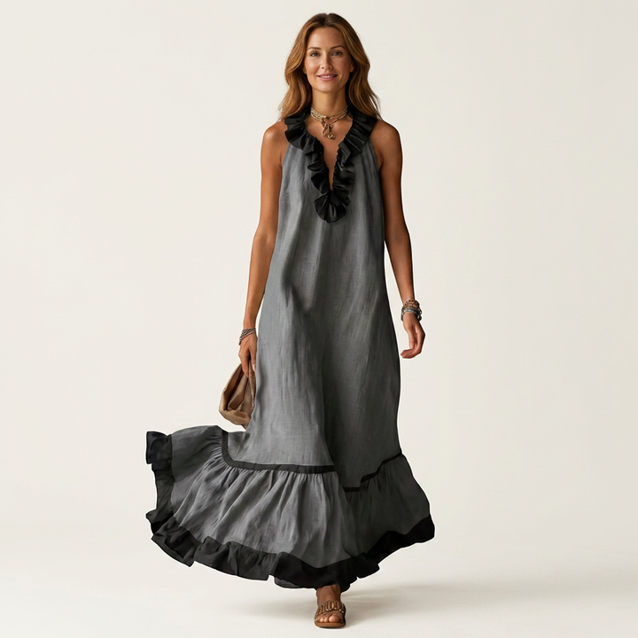 Mayline | Sleeveless Ruffle Collar Contrast Trim Maxi Dress