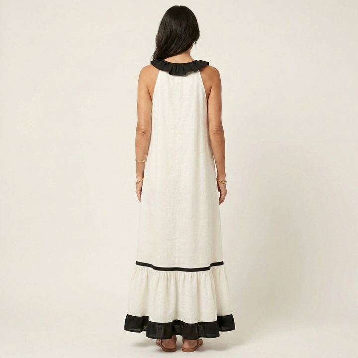 Mayline | Sleeveless Ruffle Collar Contrast Trim Maxi Dress