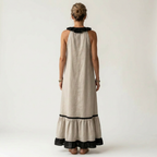 Mayline | Ruffle-Neck Contrast-Trim Sleeveless Maxi Dress