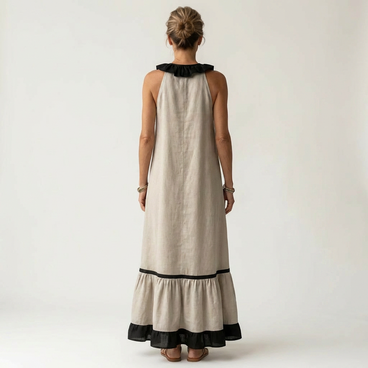 Mayline | Sleeveless Ruffle Collar Contrast Trim Maxi Dress