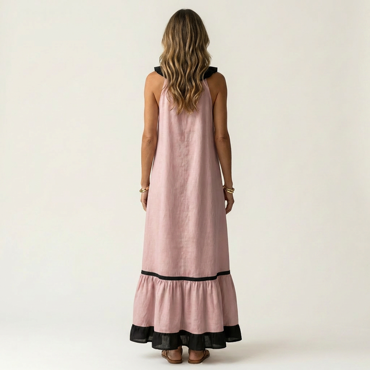 Mayline | Sleeveless Ruffle Collar Contrast Trim Maxi Dress