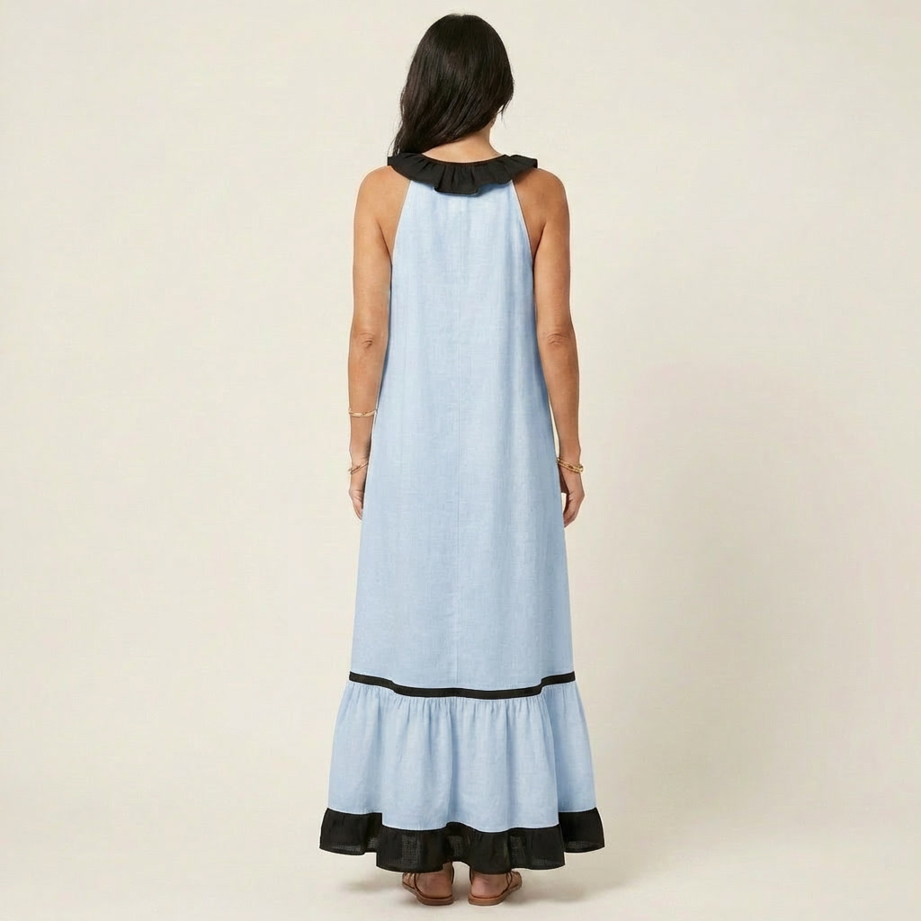Mayline | Sleeveless Ruffle Collar Contrast Trim Maxi Dress