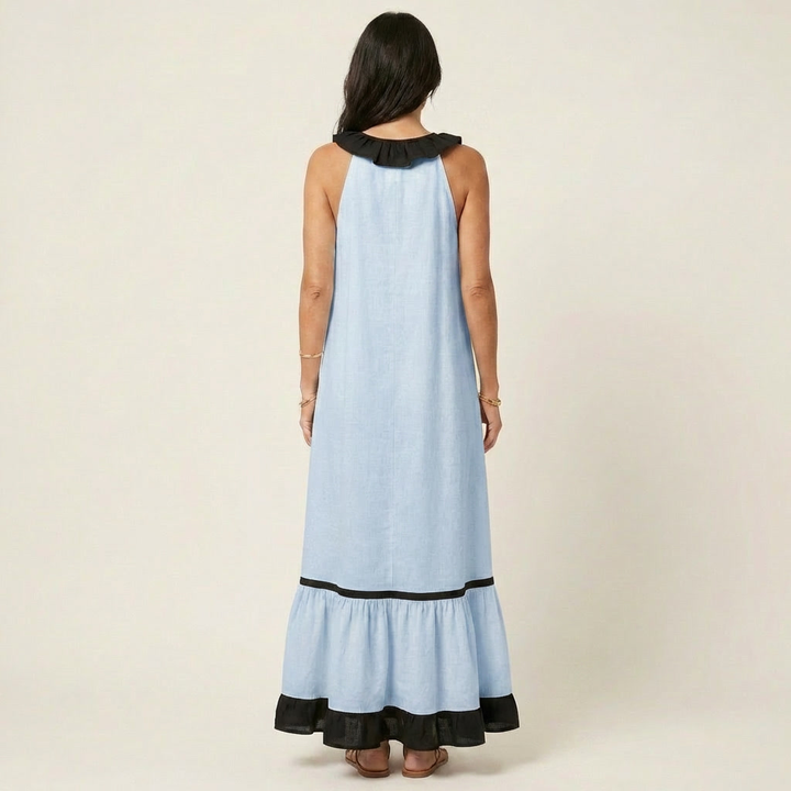 Mayline | Sleeveless Ruffle Collar Contrast Trim Maxi Dress