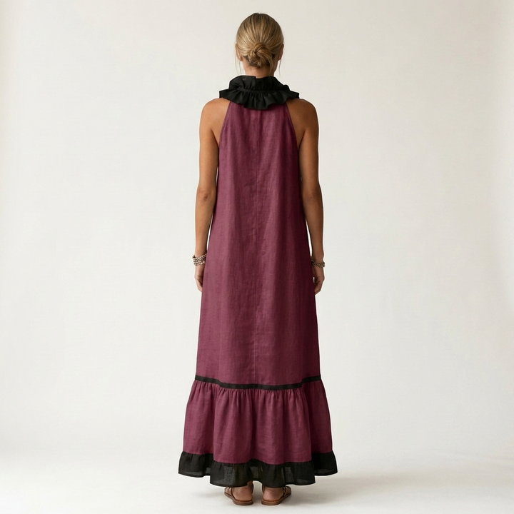 Mayline | Sleeveless Ruffle Collar Contrast Trim Maxi Dress