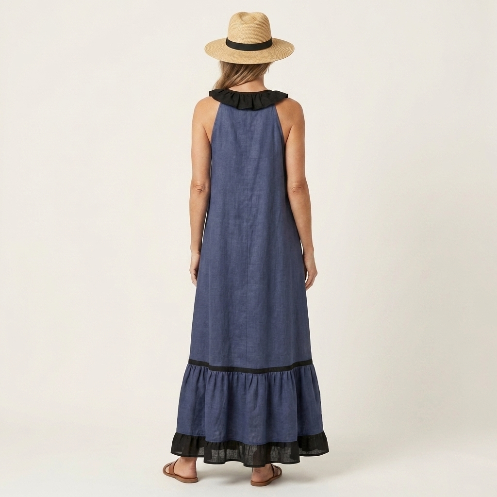 Mayline | Sleeveless Ruffle Collar Contrast Trim Maxi Dress