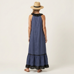 Mayline | Ruffle-Neck Contrast-Trim Sleeveless Maxi Dress