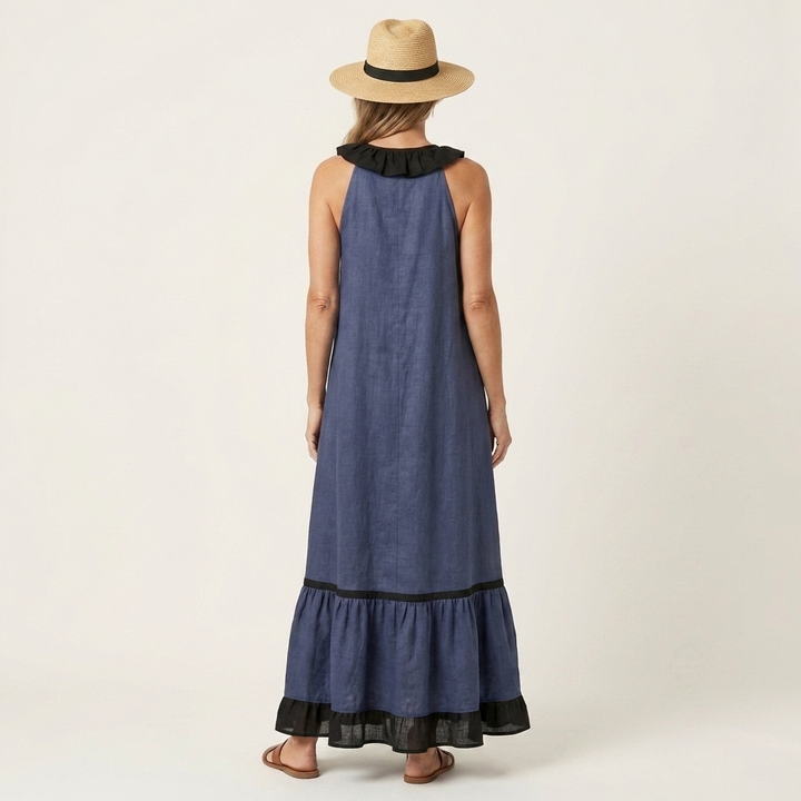 Mayline | Sleeveless Ruffle Collar Contrast Trim Maxi Dress