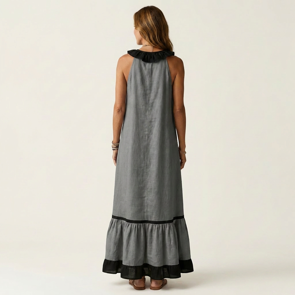 Mayline | Sleeveless Ruffle Collar Contrast Trim Maxi Dress