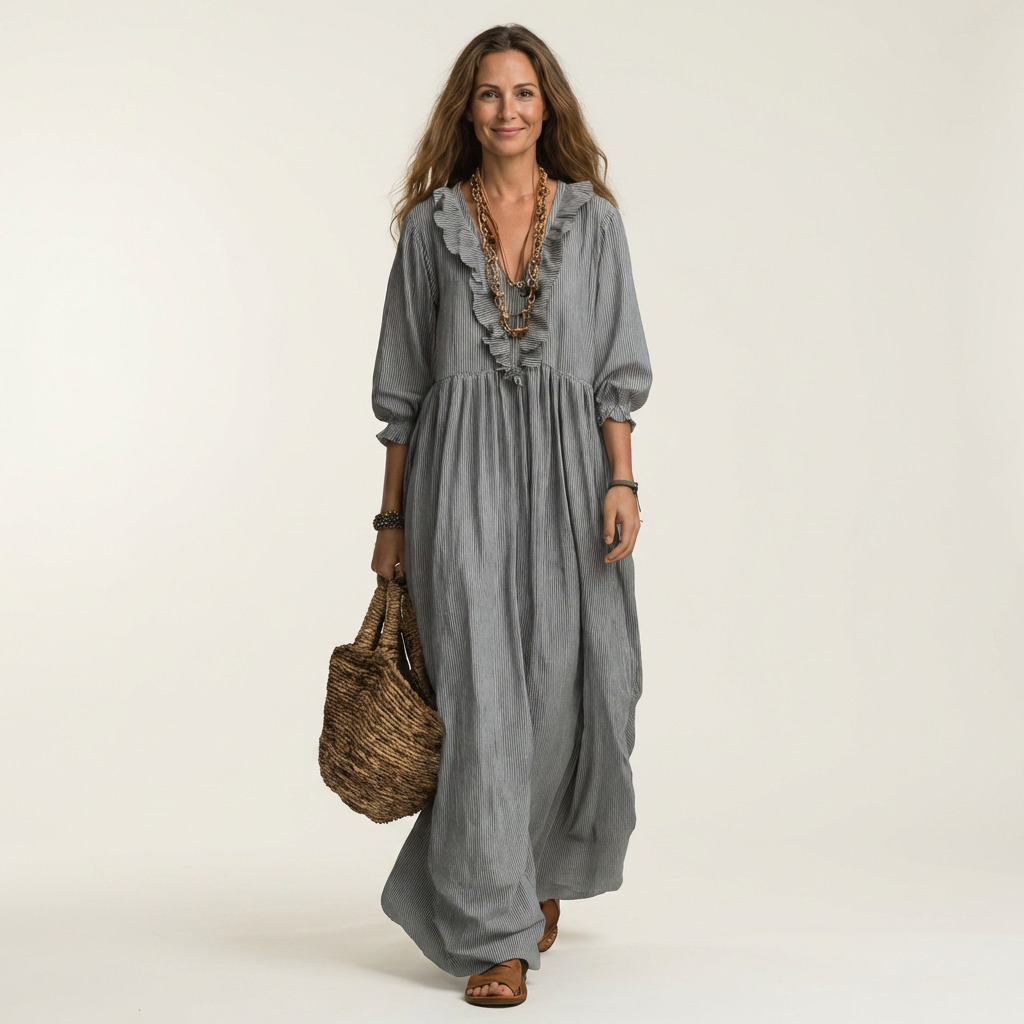 Yosetta | Ruffled V-Neck Striped Lantern Sleeve Maxi Dress
