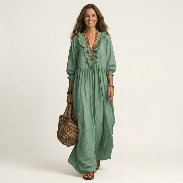Yosetta | Ruffled V-Neck Striped Lantern Sleeve Maxi Dress