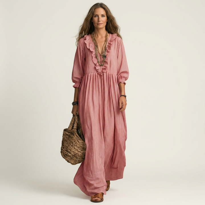 Yosetta | Ruffled V-Neck Striped Lantern Sleeve Maxi Dress
