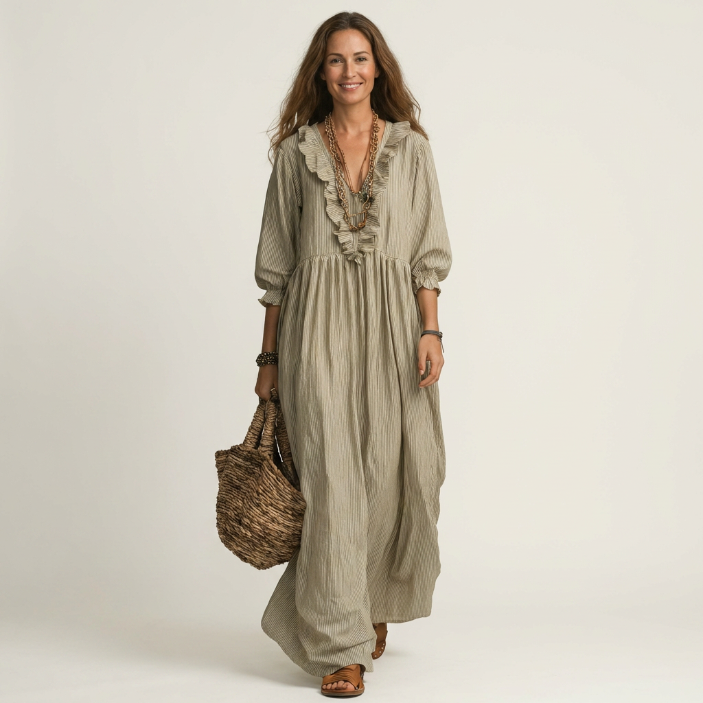 Yosetta | Ruffled V-Neck Striped Lantern Sleeve Maxi Dress