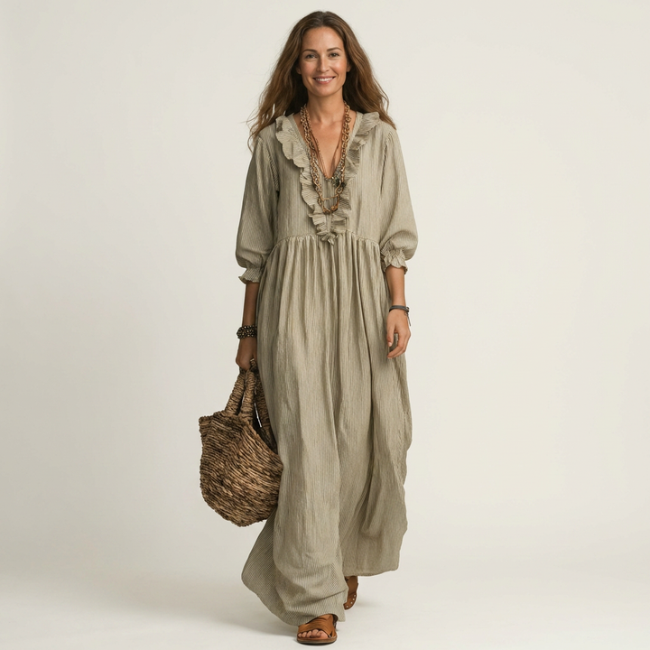 Yosetta | Ruffled V-Neck Striped Lantern Sleeve Maxi Dress