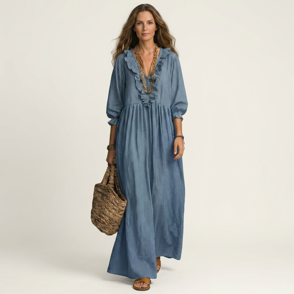Yosetta | Ruffled V-Neck Striped Lantern Sleeve Maxi Dress