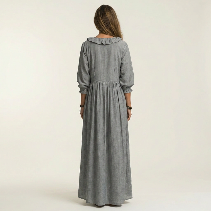 Yosetta | Ruffled V-Neck Striped Lantern Sleeve Maxi Dress