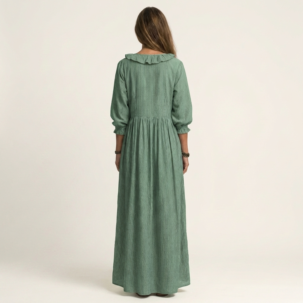 Yosetta | Ruffled V-Neck Striped Lantern Sleeve Maxi Dress