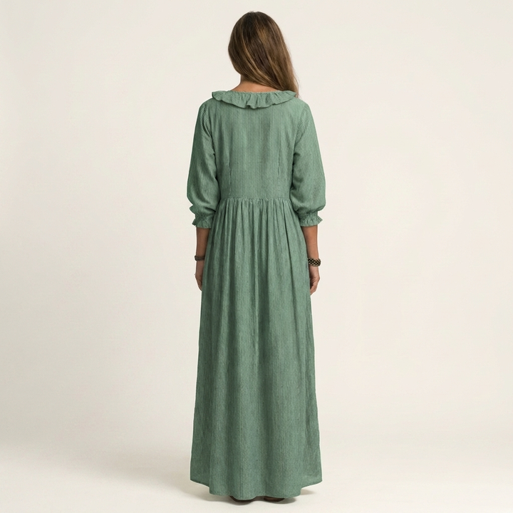 Yosetta | Ruffled V-Neck Striped Lantern Sleeve Maxi Dress