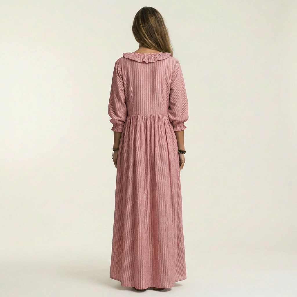 Yosetta | Ruffled V-Neck Striped Lantern Sleeve Maxi Dress