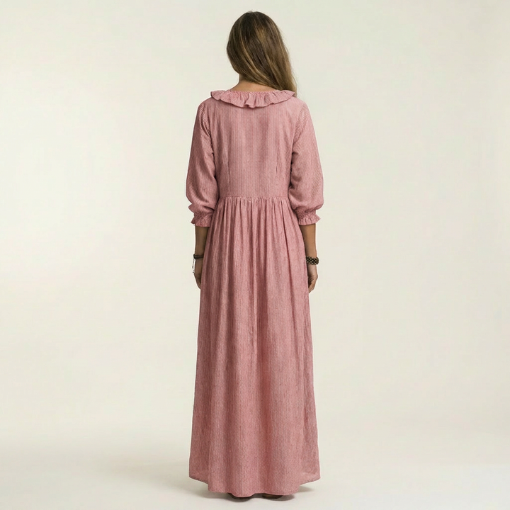 Yosetta | Ruffled V-Neck Striped Lantern Sleeve Maxi Dress