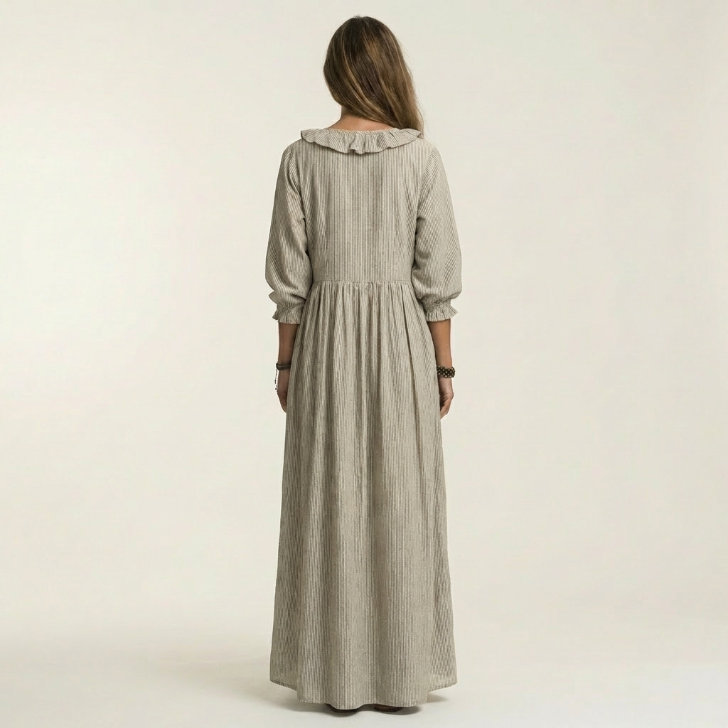 Yosetta | Ruffled V-Neck Striped Lantern Sleeve Maxi Dress