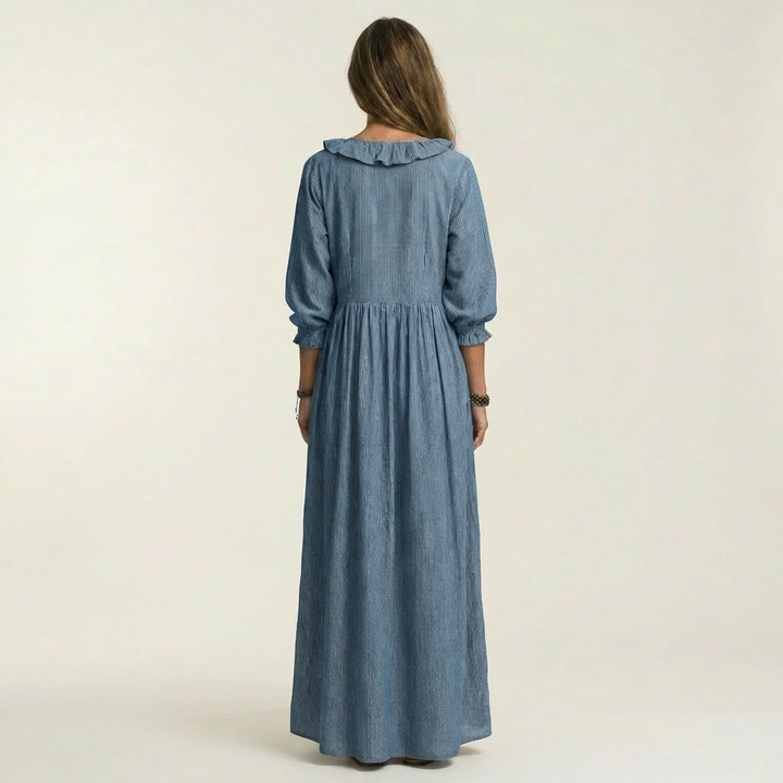 Yosetta | Ruffled V-Neck Striped Lantern Sleeve Maxi Dress