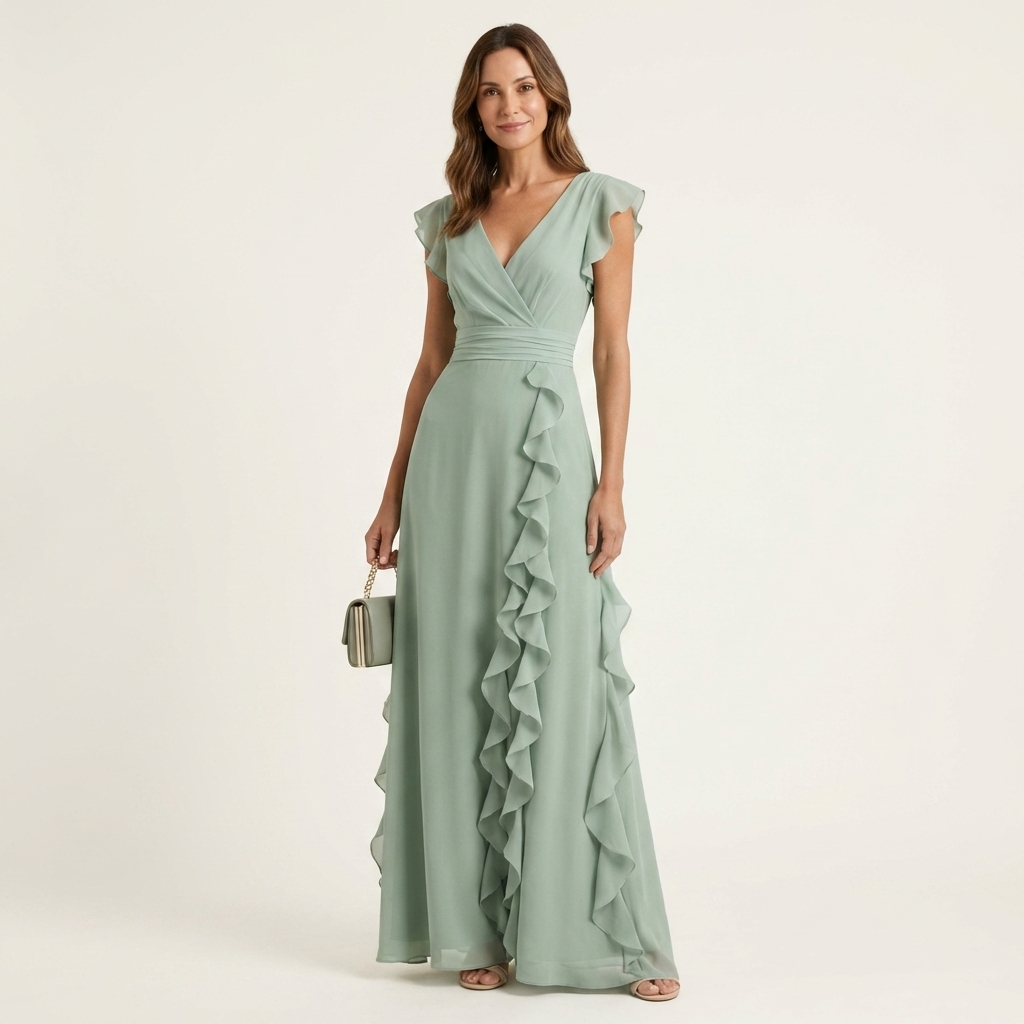 Nellyana | V-Neck Crossover Maxi Dress with Butterfly Sleeves and Tiered Ruffles