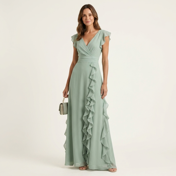 Nellyana | V-Neck Overlap Maxi Dress with Butterfly Sleeves and Cascade Ruffles