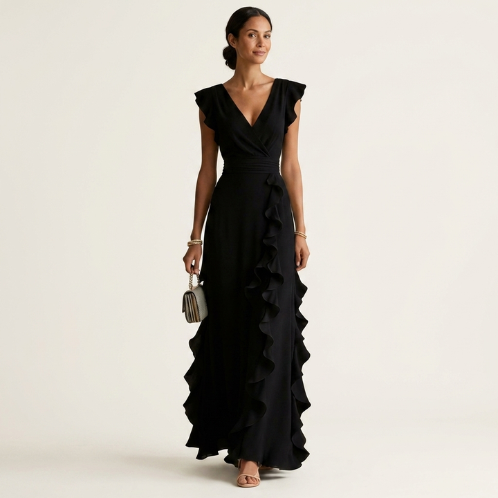 Nellyana | V-Neck Overlap Maxi Dress with Butterfly Sleeves and Cascade Ruffles