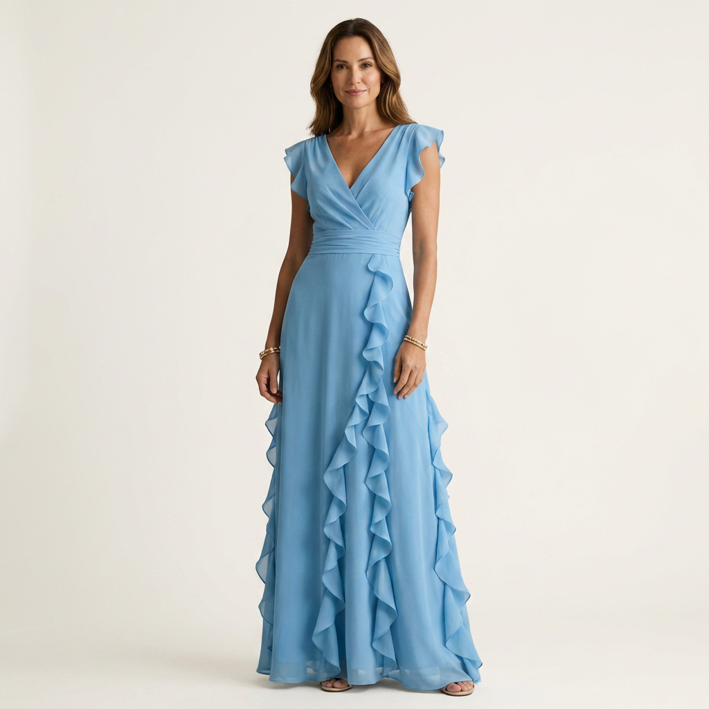 Nellyana | V-Neck Overlap Maxi Dress with Butterfly Sleeves and Cascade Ruffles