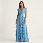 Nellyana | V-Neck Crossover Maxi Dress with Butterfly Sleeves and Tiered Ruffles