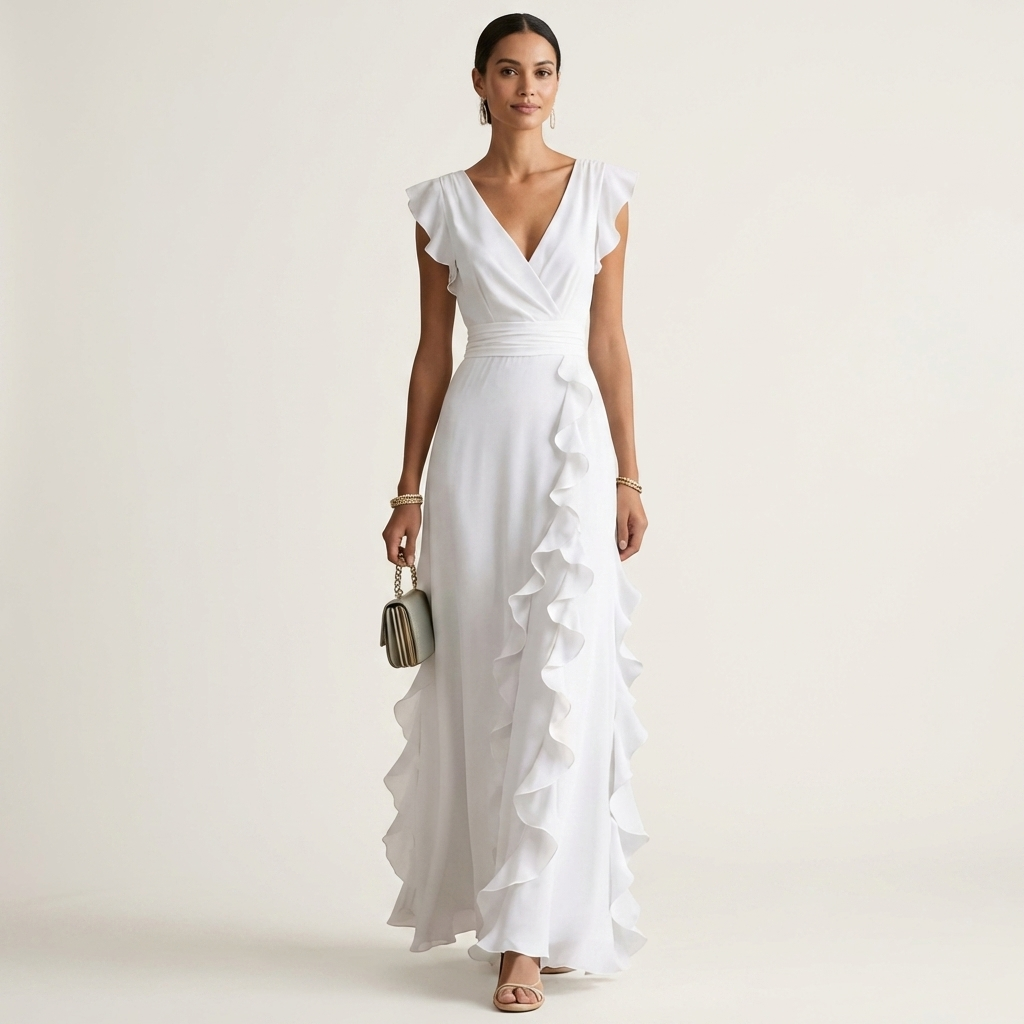 Nellyana | V-Neck Overlap Maxi Dress with Butterfly Sleeves and Cascade Ruffles