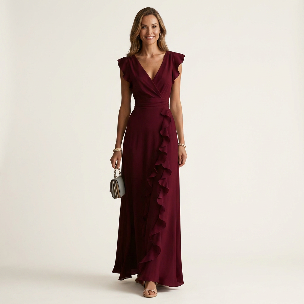 Nellyana | V-Neck Overlap Maxi Dress with Butterfly Sleeves and Cascade Ruffles