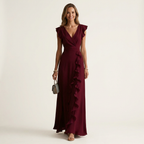 Nellyana | V-Neck Crossover Maxi Dress with Butterfly Sleeves and Tiered Ruffles