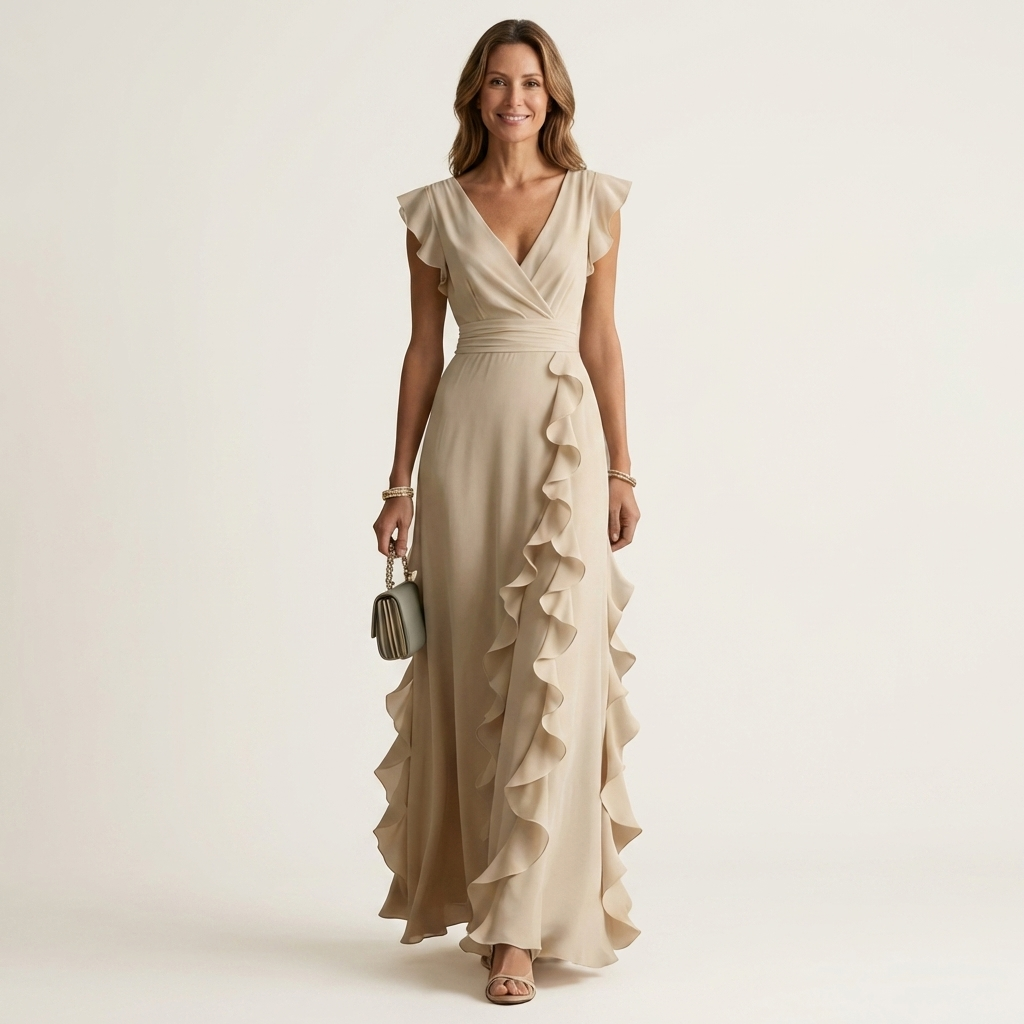Nellyana | V-Neck Overlap Maxi Dress with Butterfly Sleeves and Cascade Ruffles