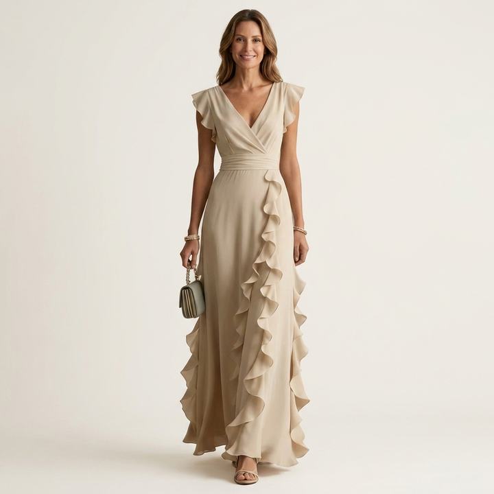Nellyana | V-Neck Overlap Maxi Dress with Butterfly Sleeves and Cascade Ruffles