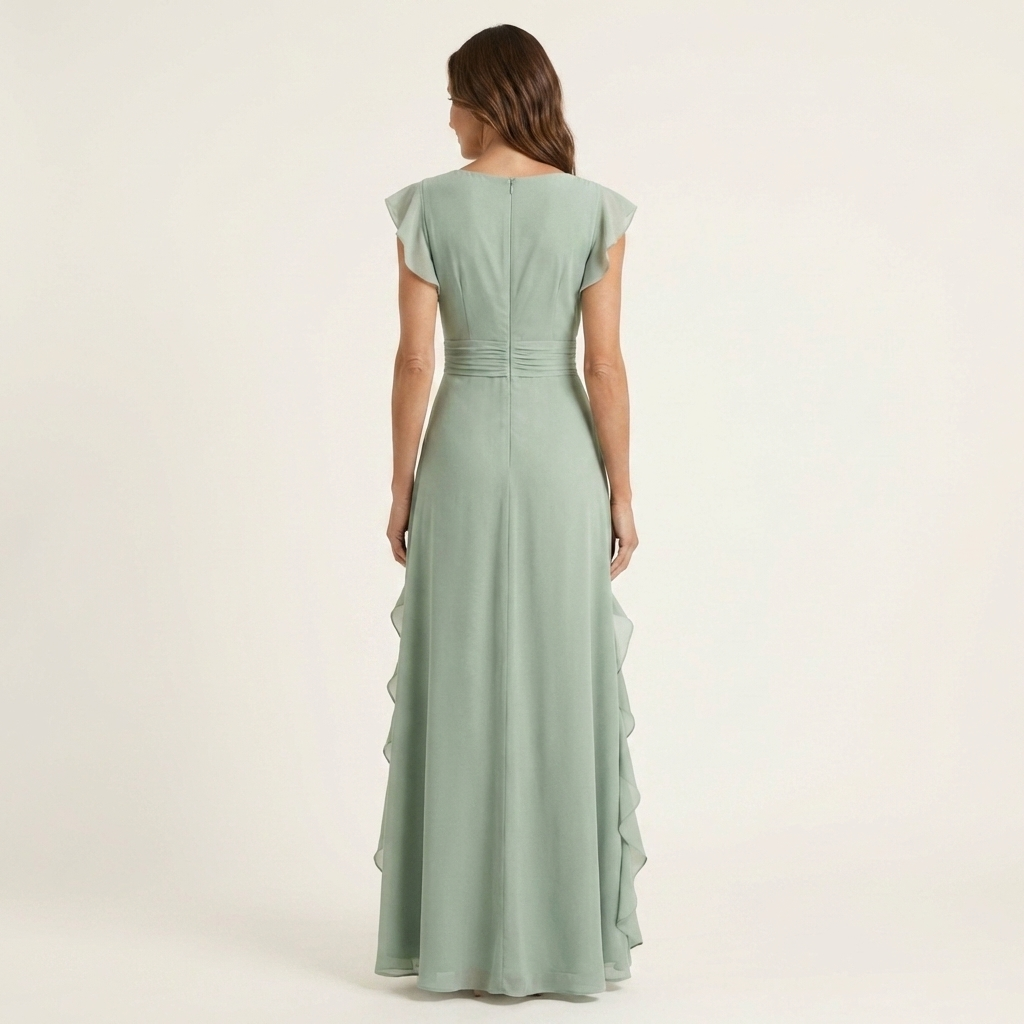 Nellyana | V-Neck Overlap Maxi Dress with Butterfly Sleeves and Cascade Ruffles