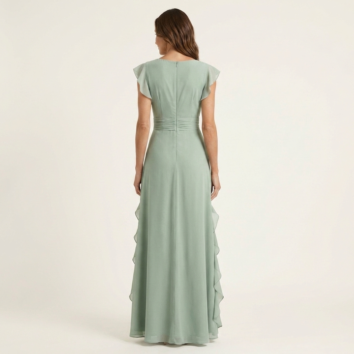 Nellyana | V-Neck Overlap Maxi Dress with Butterfly Sleeves and Cascade Ruffles