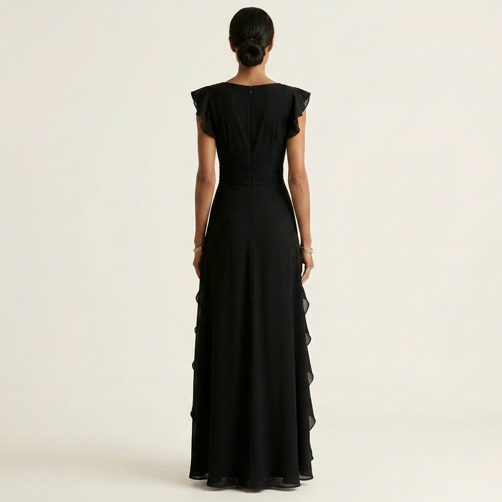 Nellyana | V-Neck Overlap Maxi Dress with Butterfly Sleeves and Cascade Ruffles