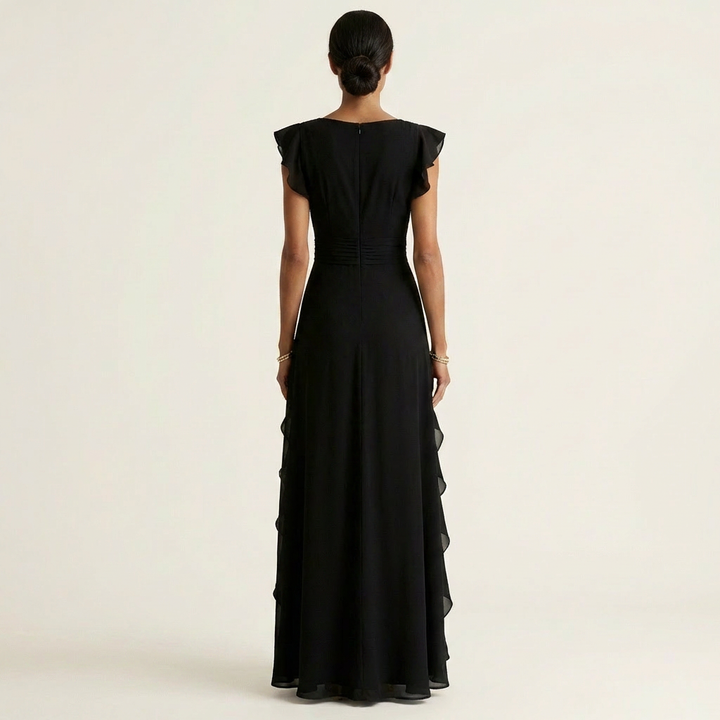 Nellyana | V-Neck Overlap Maxi Dress with Butterfly Sleeves and Cascade Ruffles