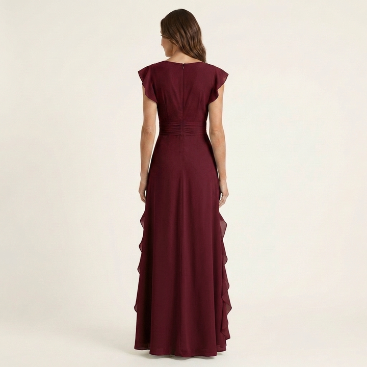 Nellyana | V-Neck Overlap Maxi Dress with Butterfly Sleeves and Cascade Ruffles
