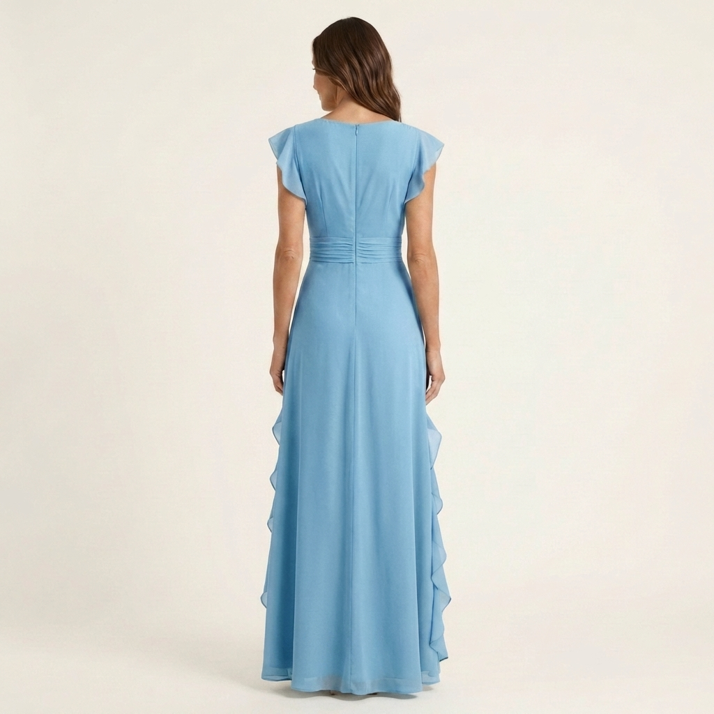 Nellyana | V-Neck Overlap Maxi Dress with Butterfly Sleeves and Cascade Ruffles