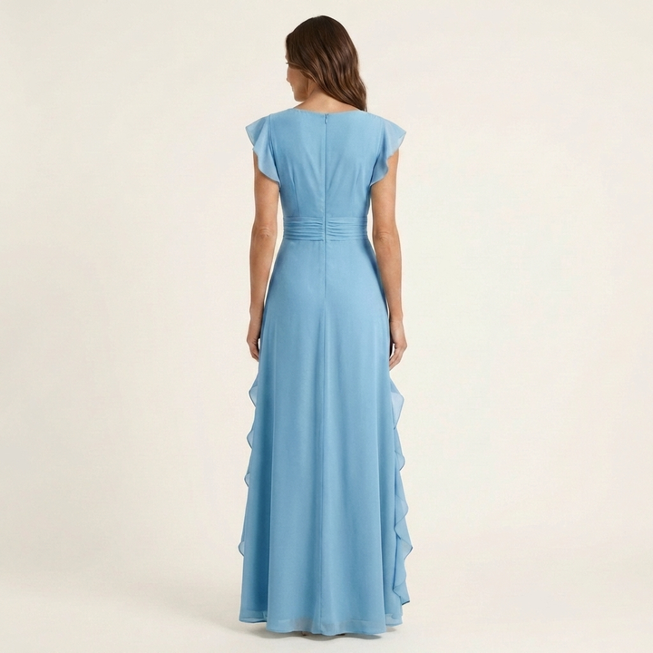 Nellyana | V-Neck Overlap Maxi Dress with Butterfly Sleeves and Cascade Ruffles