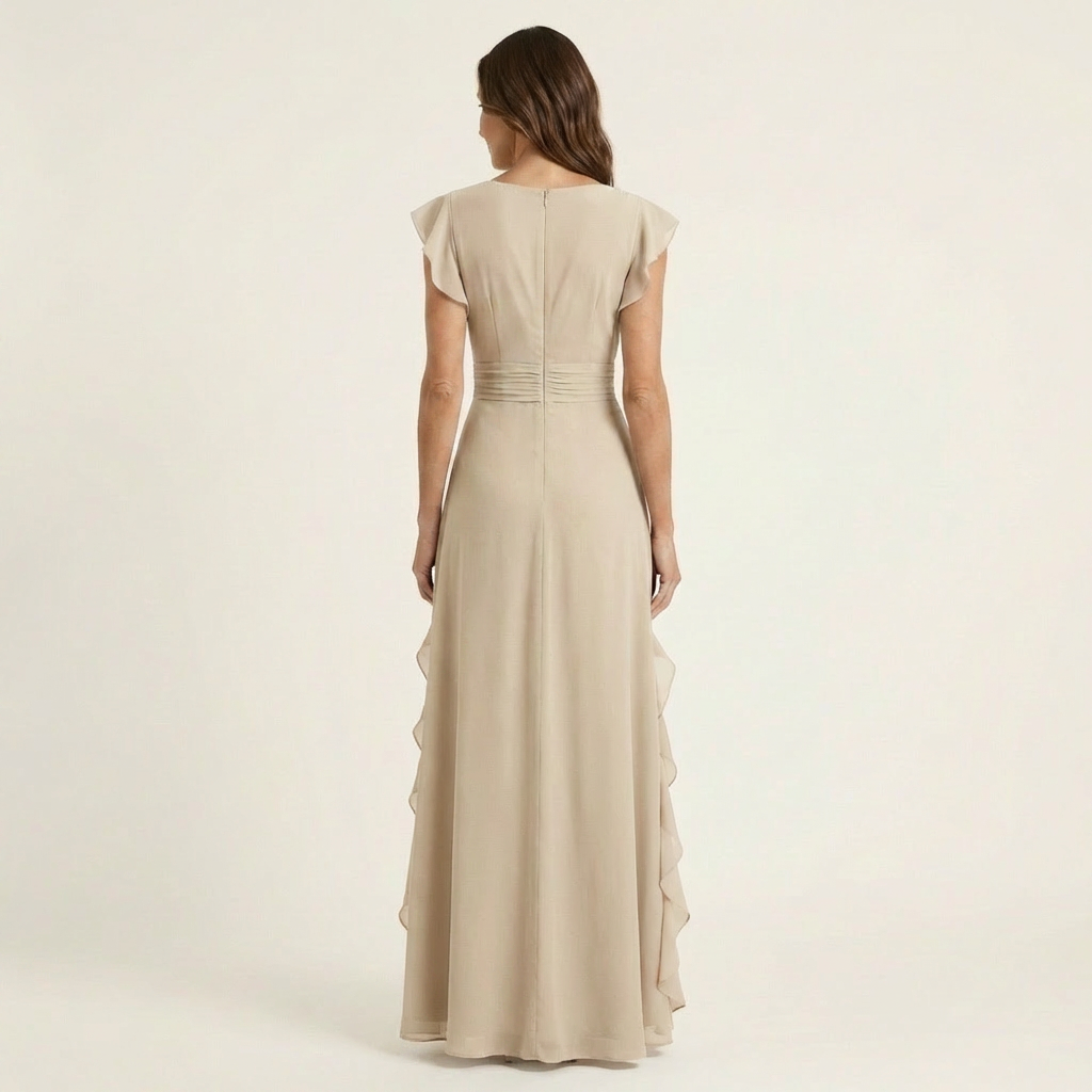 Nellyana | V-Neck Overlap Maxi Dress with Butterfly Sleeves and Cascade Ruffles