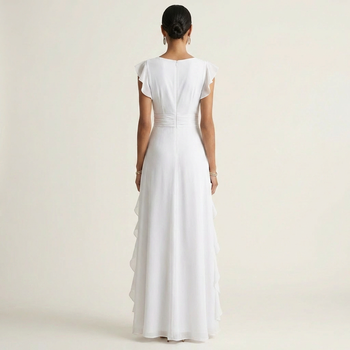 Nellyana | V-Neck Overlap Maxi Dress with Butterfly Sleeves and Cascade Ruffles