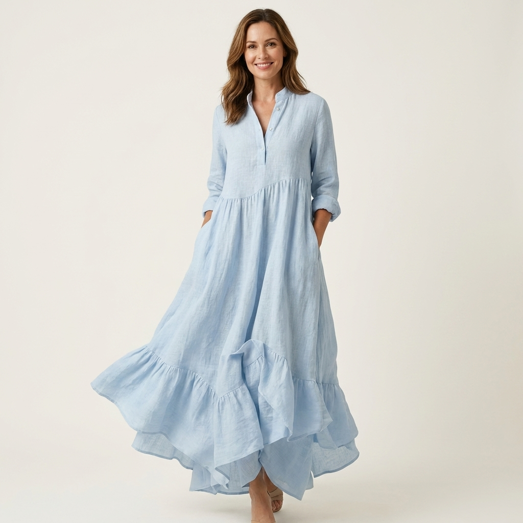 Jilana | Mandarin Collar Button Front Flounce Hem Maxi Dress