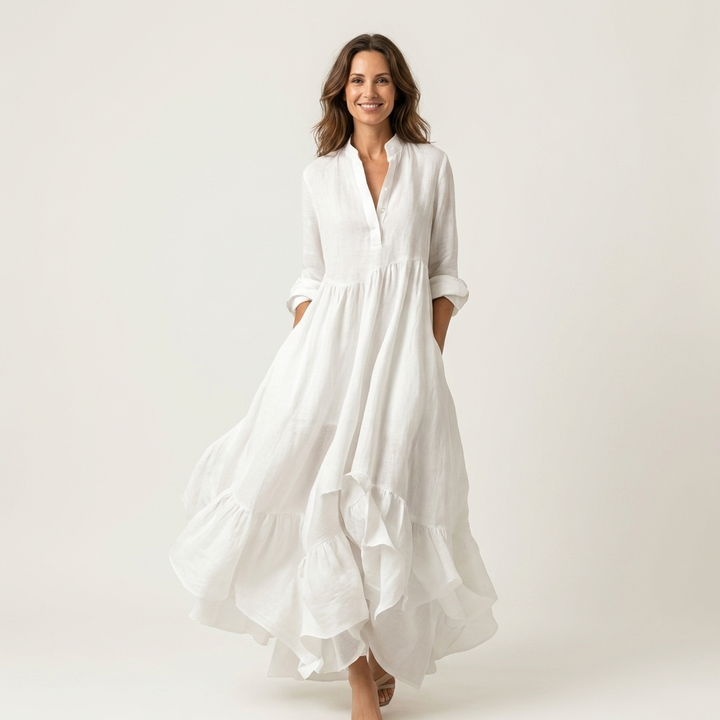 Jilana | Mandarin Collar Button Front Flounce Hem Maxi Dress