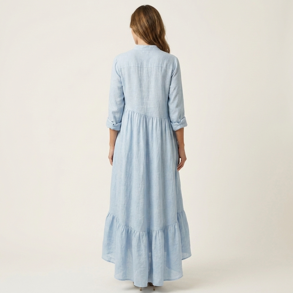 Jilana | Mandarin Collar Button Front Flounce Hem Maxi Dress
