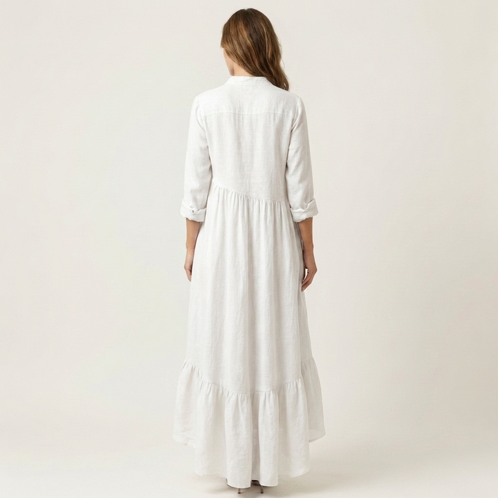 Jilana | Mandarin Collar Button Front Flounce Hem Maxi Dress
