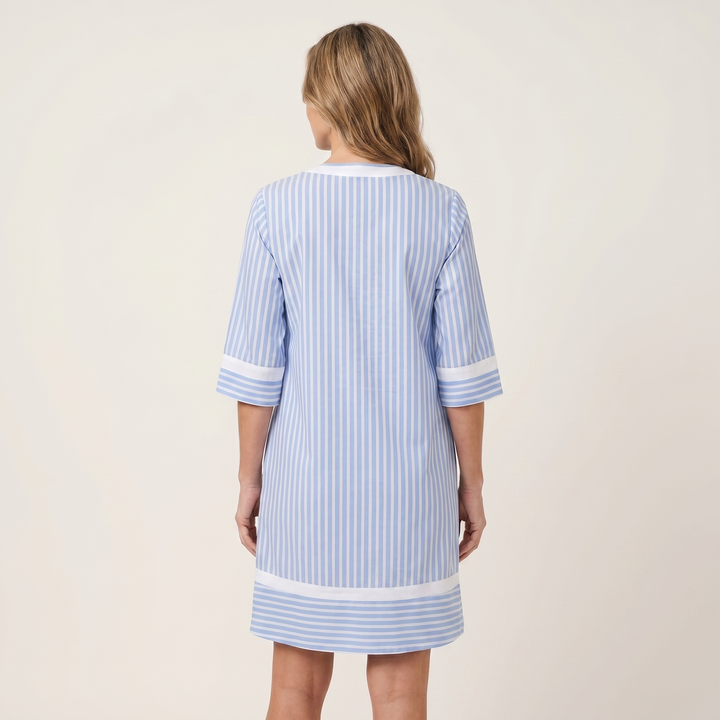 Sanina | Striped Cotton V-Neck Straight Dress with Contrast Trims
